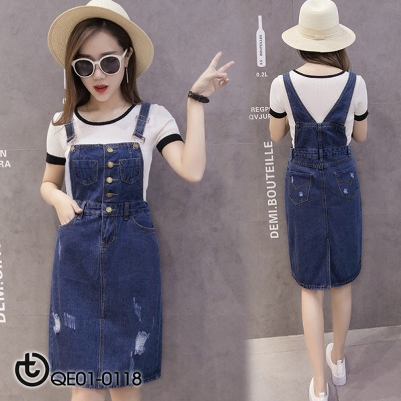 ĐẦM JEAN YẾM 2 DÂY CÀI NÚT TRƯỚC
